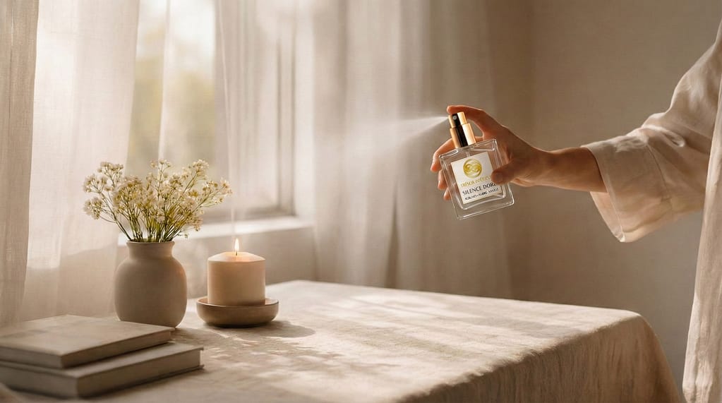 Main vaporisant un parfum d’intérieur en spray depuis un flacon en verre, près d’une table avec bougie et fleurs, devant une fenêtre lumineuse.