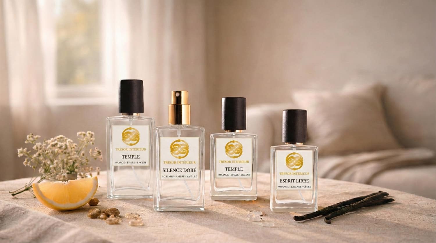 Quatre flacons en verre posés sur une toile de lin, avec une tranche d’orange, des gousses de vanille et de petites fleurs, dans un salon lumineux.