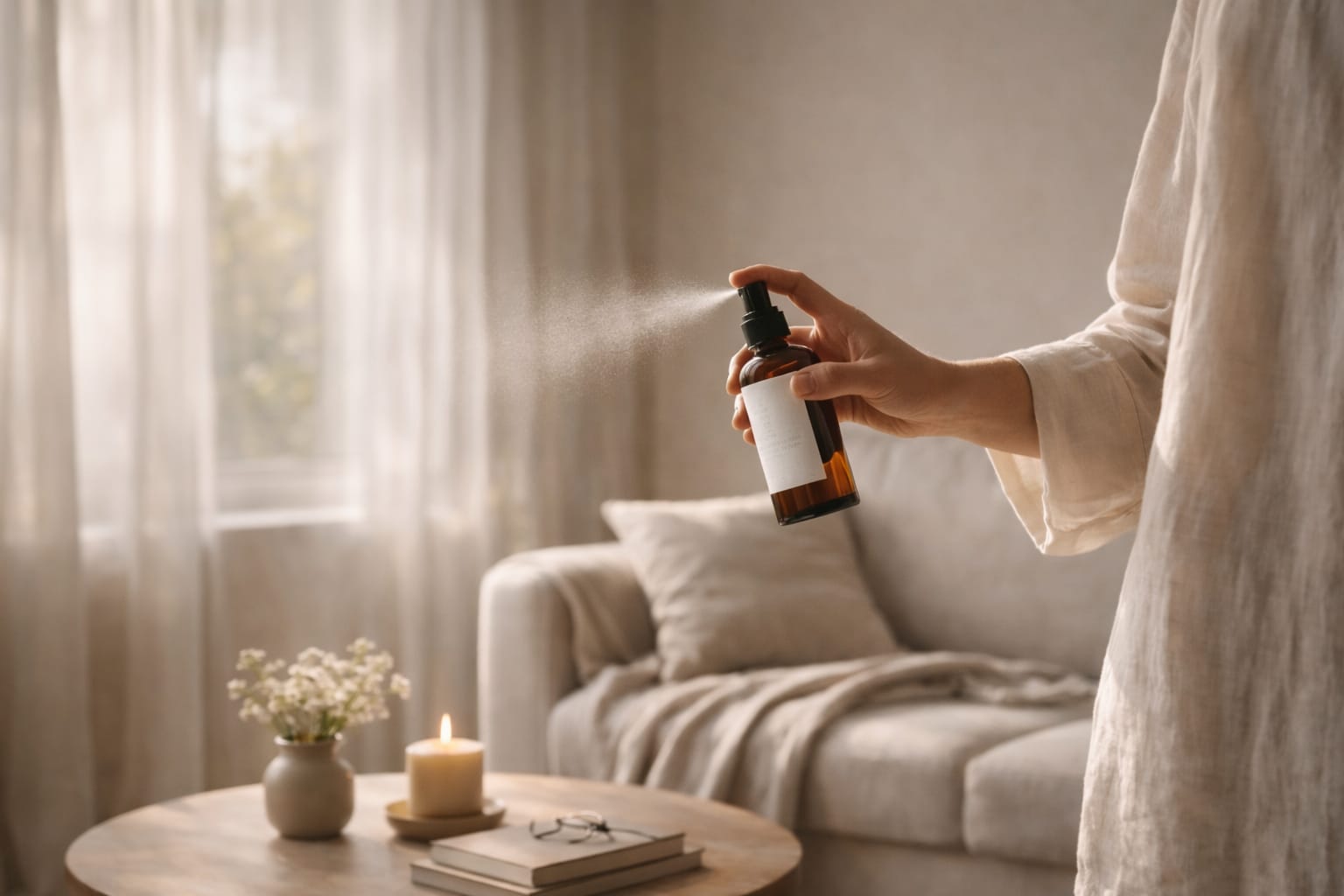Main tenant un spray ambré et vaporisant un parfum d’intérieur dans un salon lumineux et apaisant.