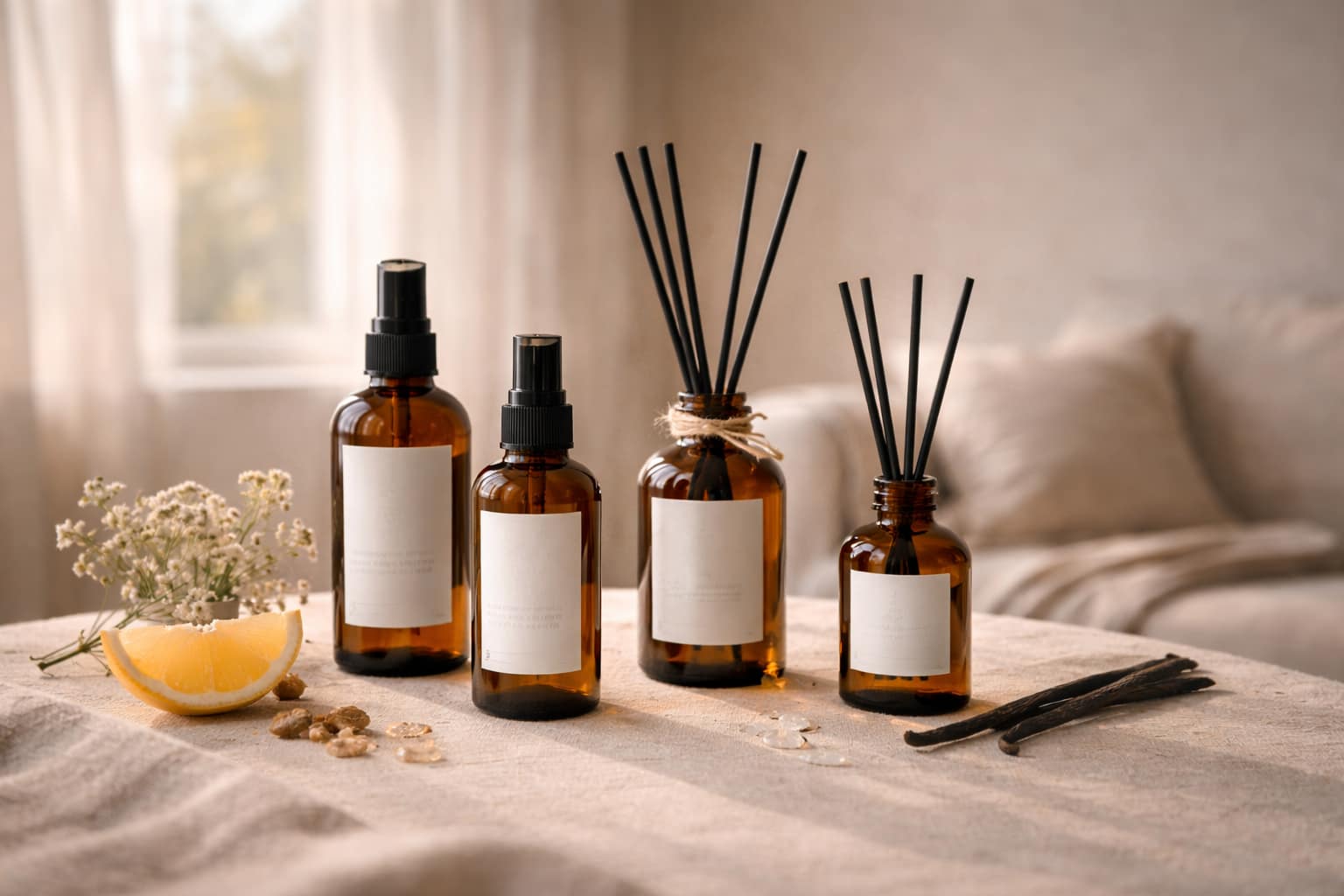 Quatre flacons en verre ambré (deux sprays et deux diffuseurs à bâtonnets) posés sur une toile de lin, avec une tranche d’orange, des gousses de vanille et de petites fleurs, dans un salon lumineux.