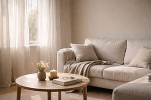 Salon lumineux avec canapé beige, table basse en bois, bougie allumée et fleurs près d’une fenêtre voilée.